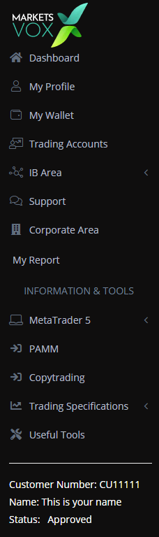 MarketsVox left-nav footer block Customer Number, Name, Status: Approved